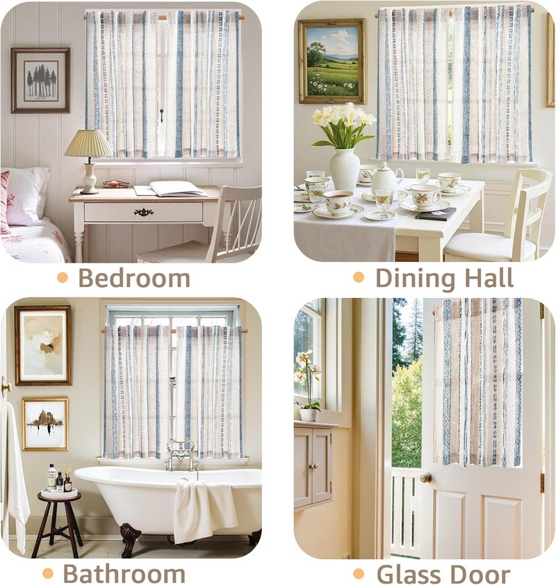 jinchan Boho Kitchen Curtains 24 Inch Linen Tier Curtains with Geometric Pattern Bohemian Cafe Small Light Filtering Window Treatment for Living Room RV Back Tab 2 Panels Blue on Linen - Image 5
